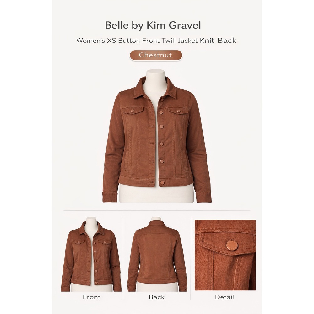 Belle by Kim Gravel Womens XS Button Front Twill Jacket Knit Back Chestnut Brown